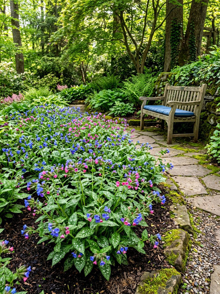 Lungwort Pulmonaria Bed - 30 early spring flower bed ideas
