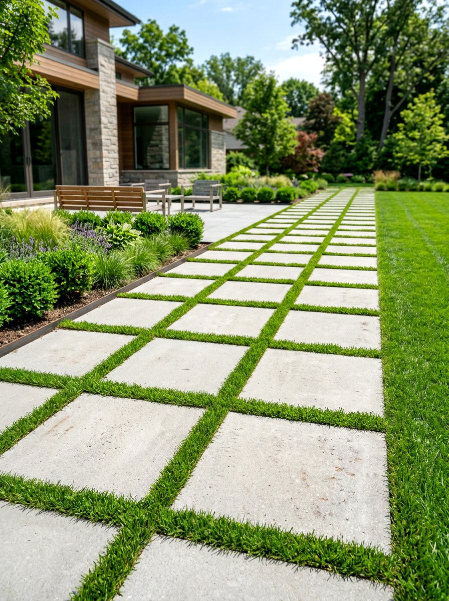 Lush Grass Jointed Pavers - 30 front garden path ideas