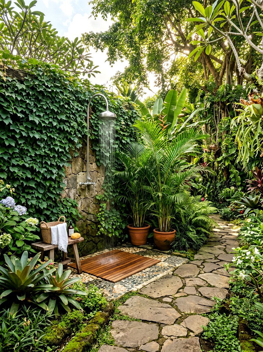 Lush plant outdoor shower - 30 outdoor shower summer ideas