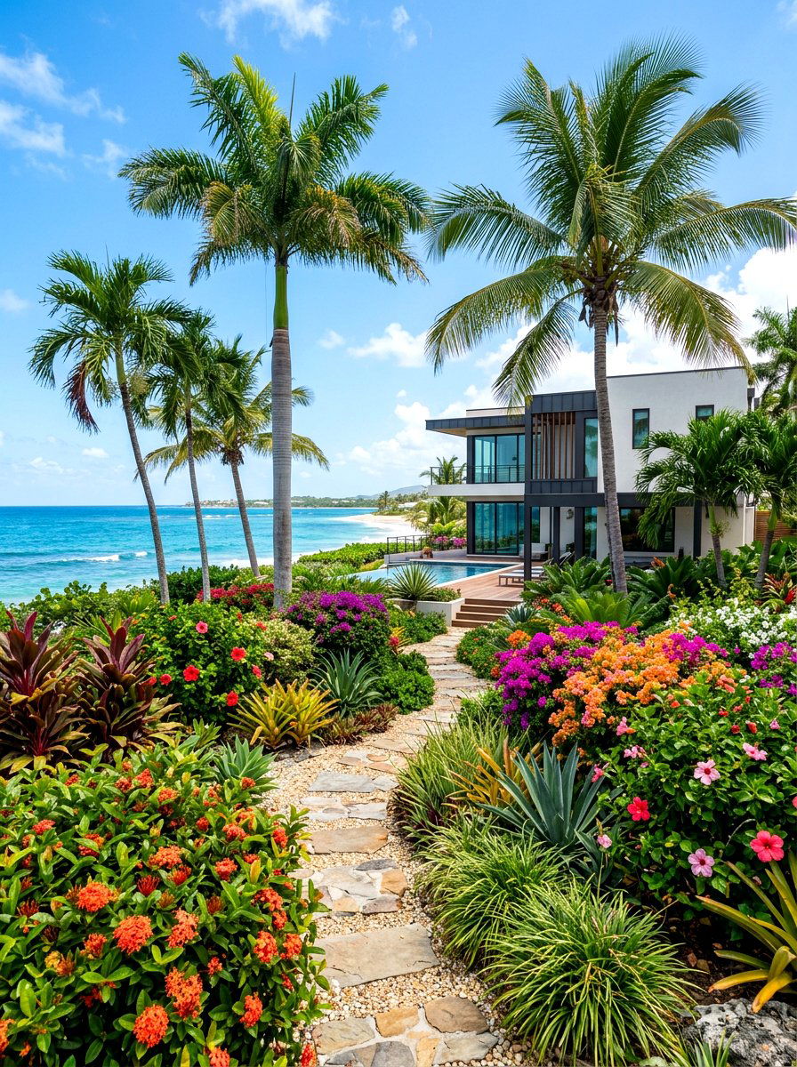 Lush tropical landscape with palm trees - 30 coastal exterior ideas