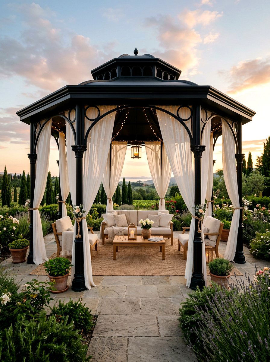 Luxury Black Pavilion With Curtains - 30 black pavilion backyard ideas