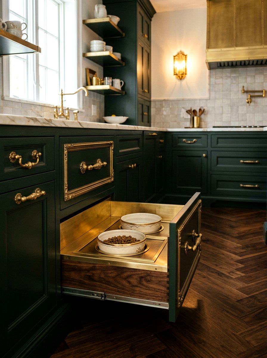 Luxury Brass Hardware Pet Drawer - 30 pet feeding drawer ideas aesthetic