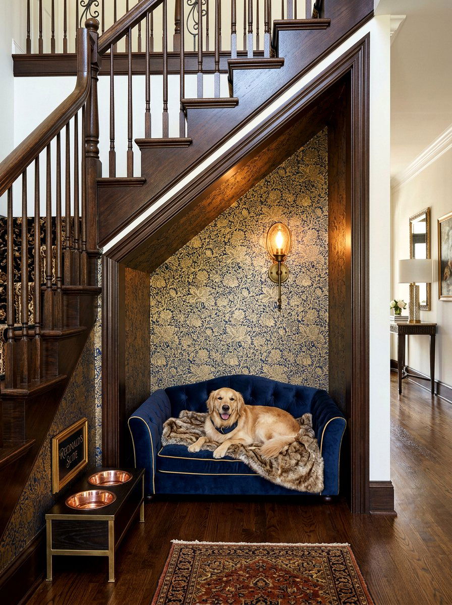 Luxury Dog Suite With Wallpaper - 30 under stairs dog nook ideas