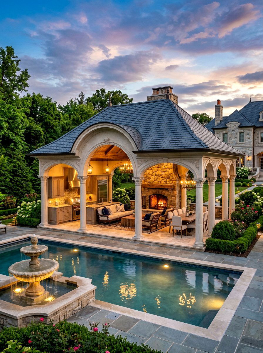 Luxury Estate Pavilion - 30 backyard pavilion lounge ideas