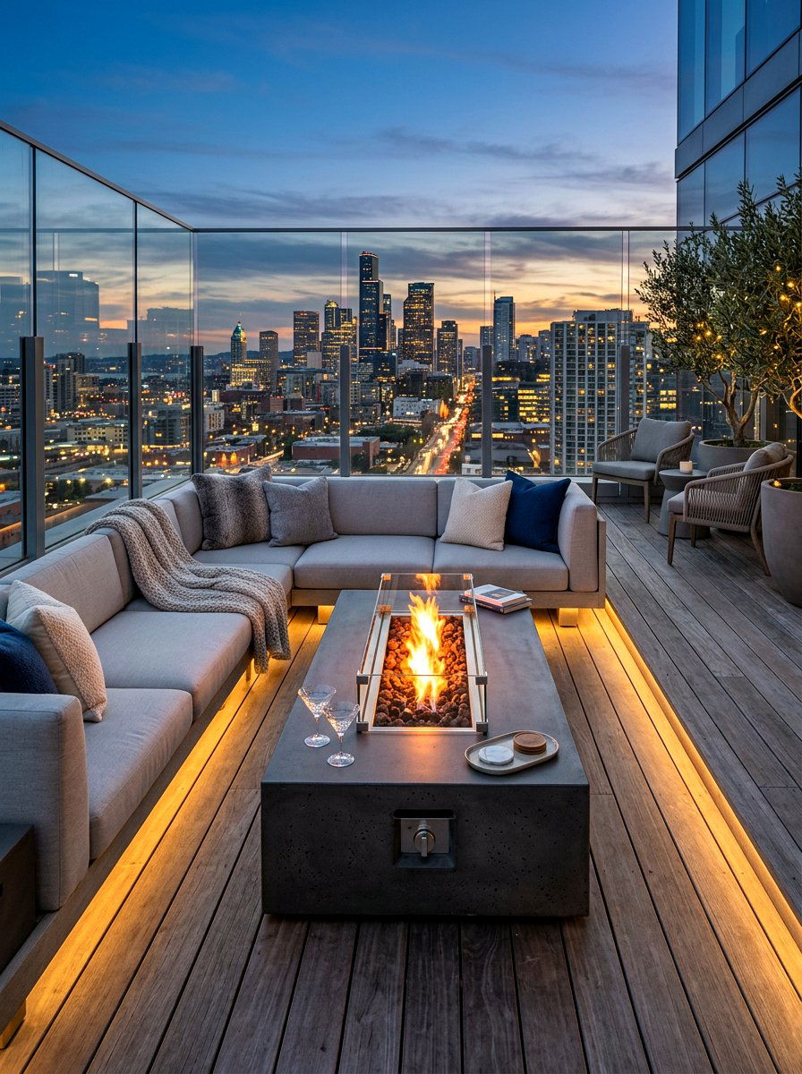 Luxury Fire Pit Lounge - 30 rooftop patio lounge ideas aesthetic