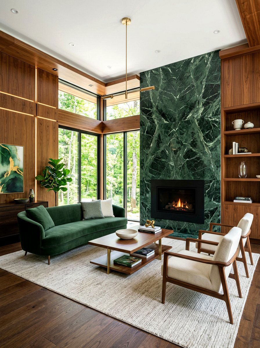 Luxury Forest Green Marble And Walnut Panels - 30 forest green and brown living room ideas