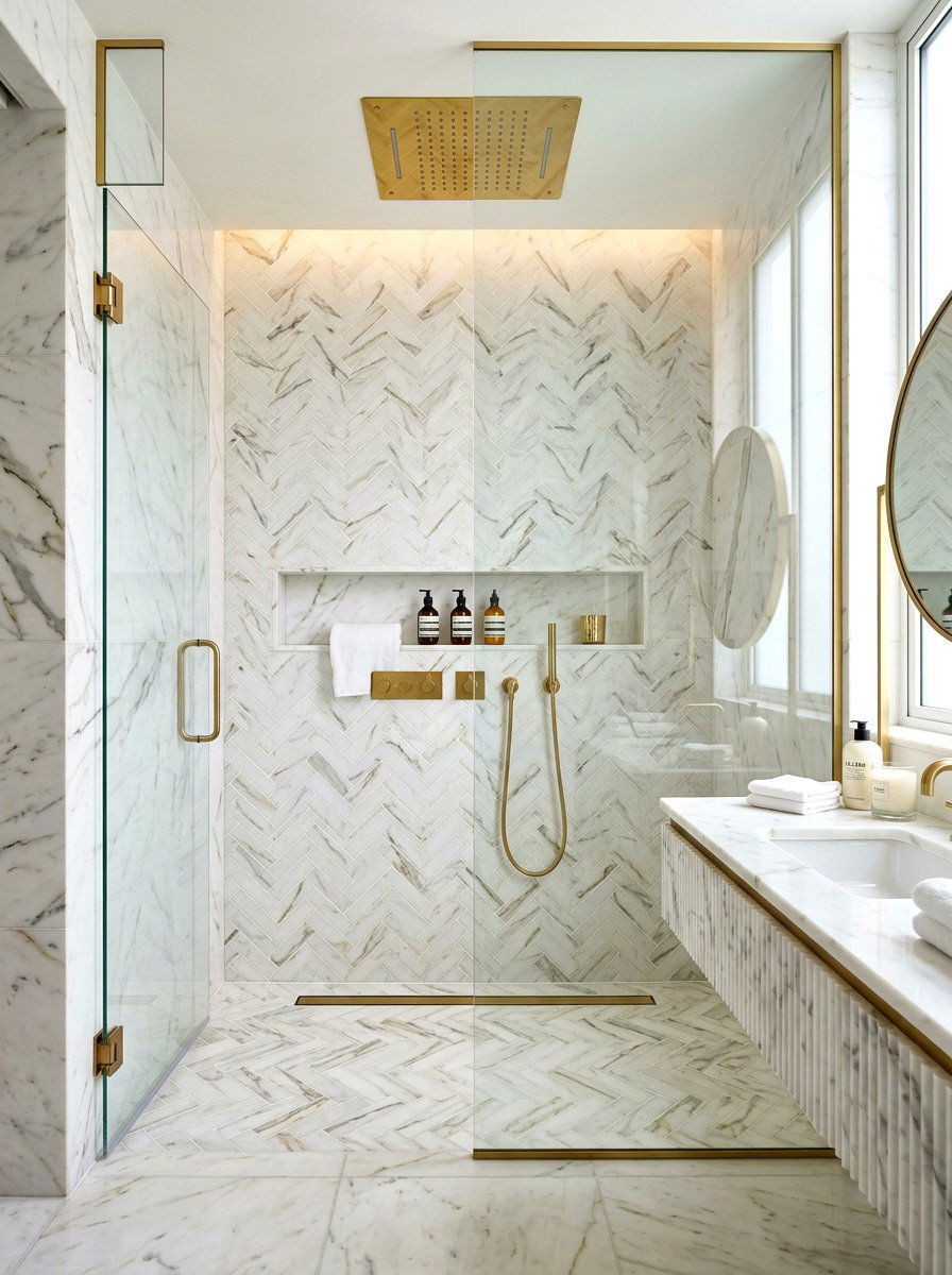 Luxury Marble Herringbone Shower - 30 herringbone shower tile ideas