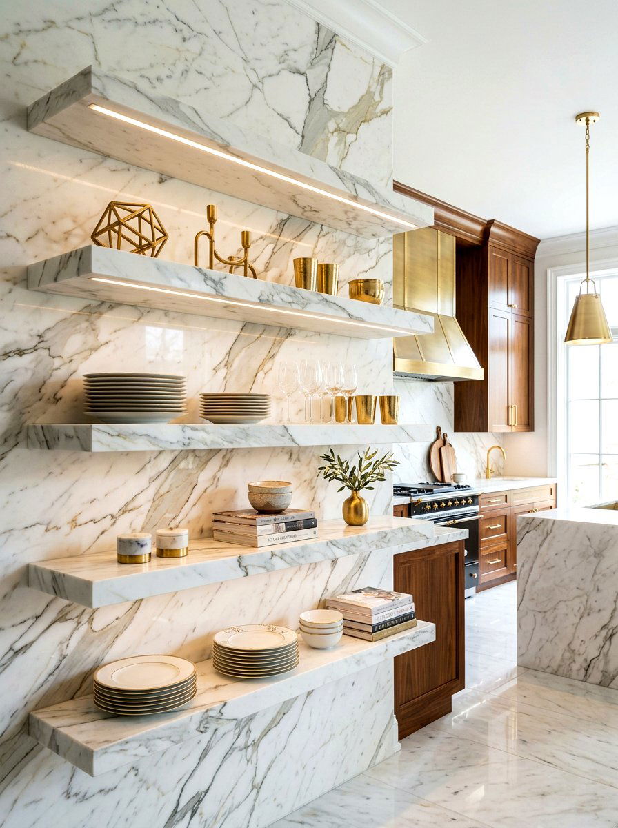 Luxury Marble Open Shelving - 30 kitchen open shelf styling ideas