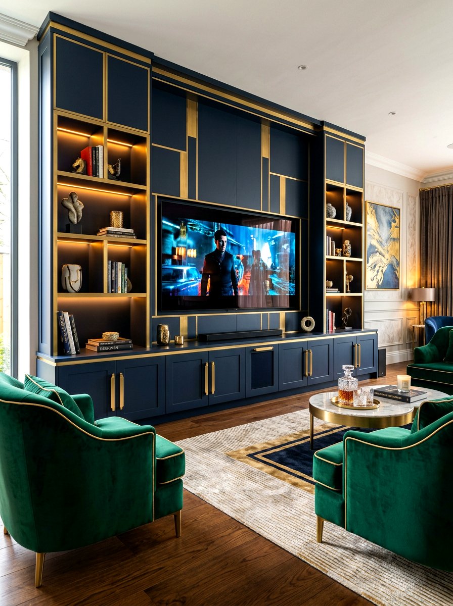 Luxury Media Wall With Gold Details - 30 built in media wall ideas