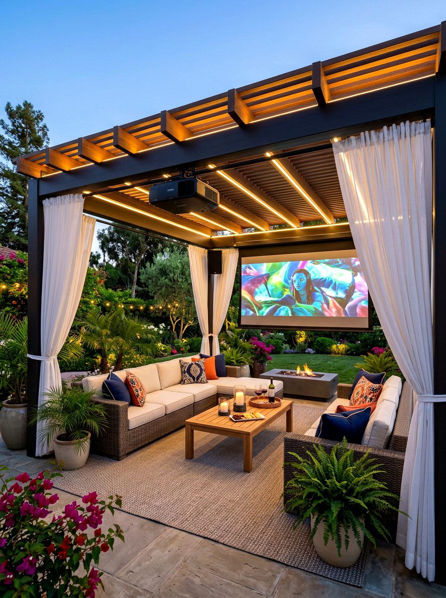 Luxury Pergola Lounge Area - 30 outdoor movie patio ideas