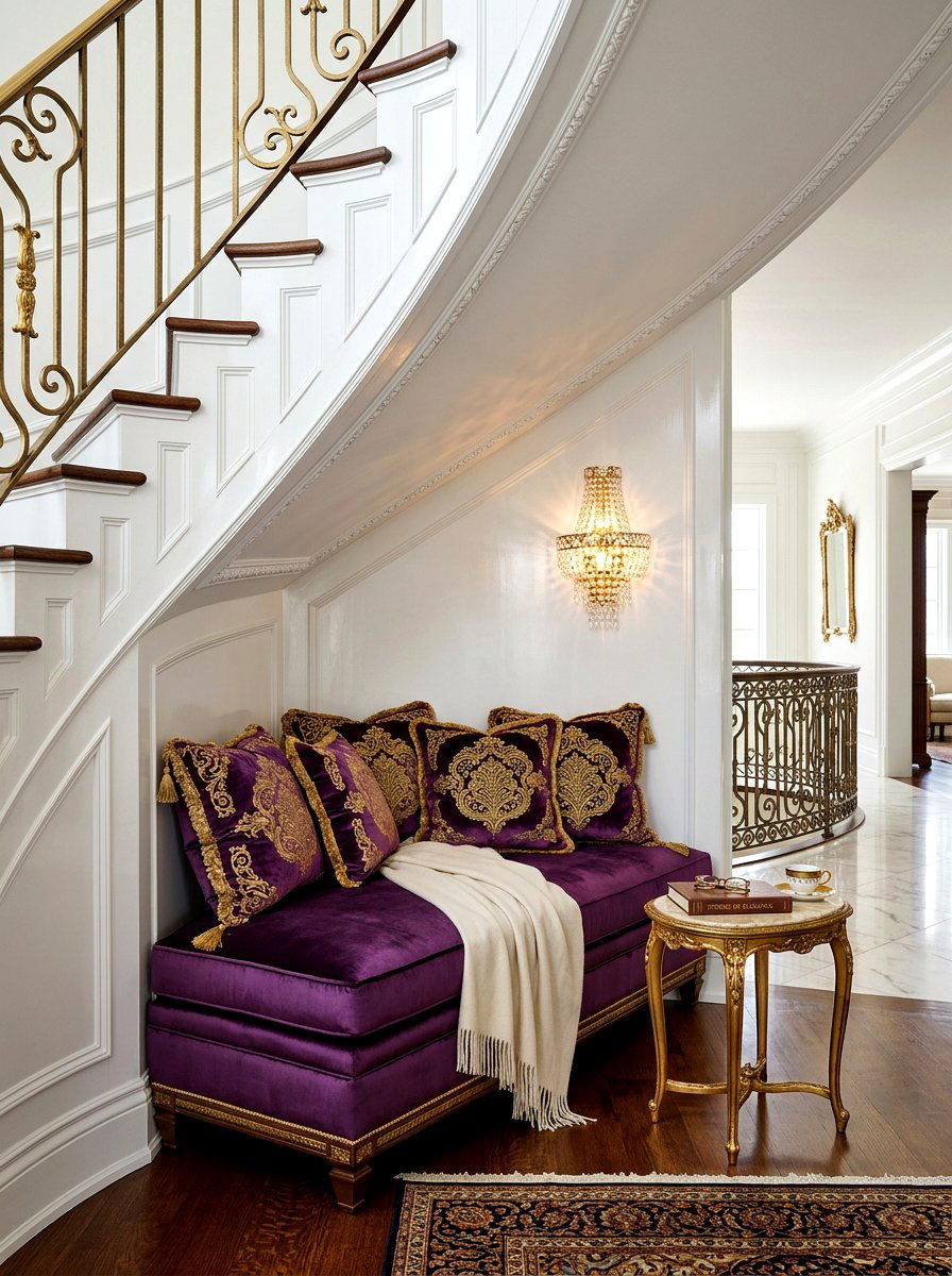 Luxury Velvet Reading Bench - 30 under stairs reading nook ideas