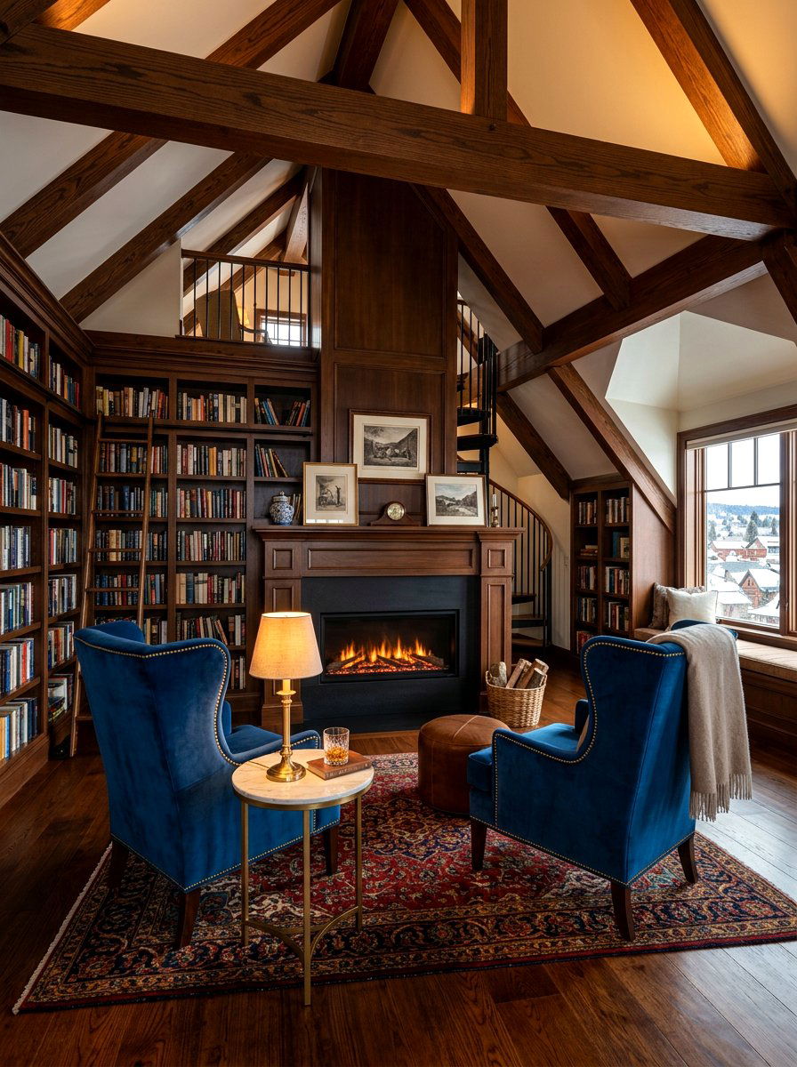 Luxury attic library fireplace - 30 attic reading room ideas