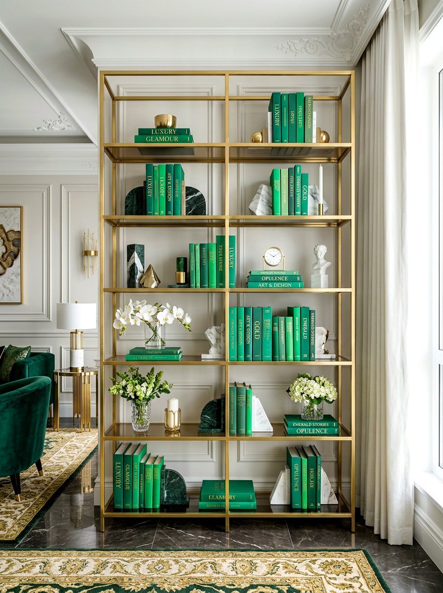 Luxury brass metal bookshelf - 30 bookshelf styling living room ideas