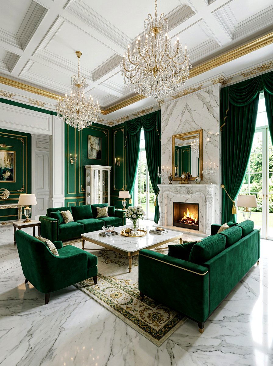 Luxury emerald green living room with marble - 30 emerald green living room ideas