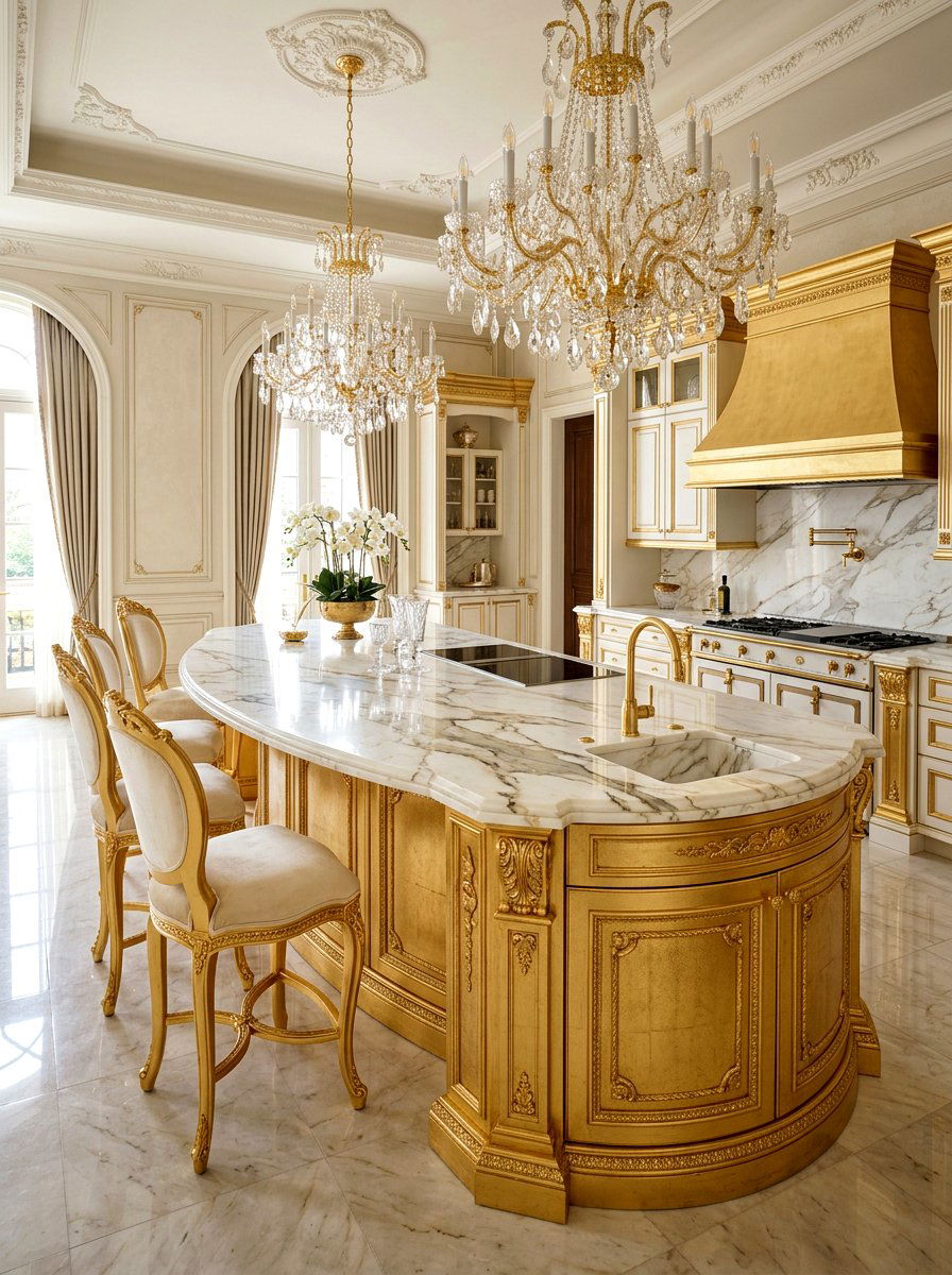 Luxury gold curved island - 30 curved kitchen island ideas