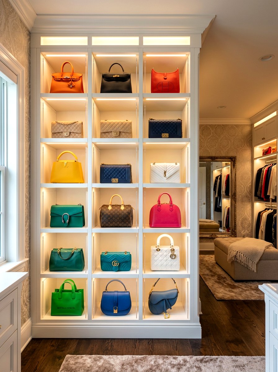 Luxury handbag display shelf - 30 glam closet ideas