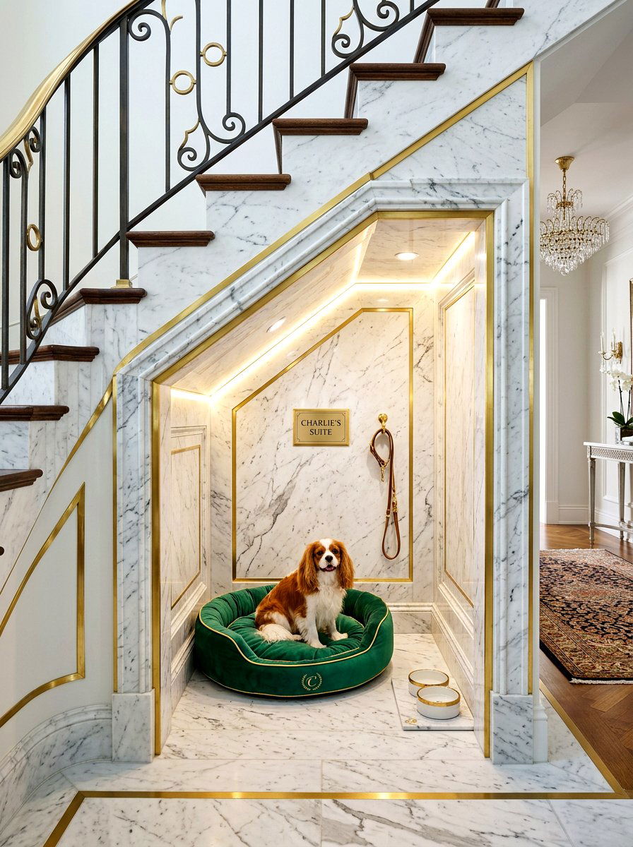 Luxury marble pet nook - 30 under stairs pet room ideas aesthetic