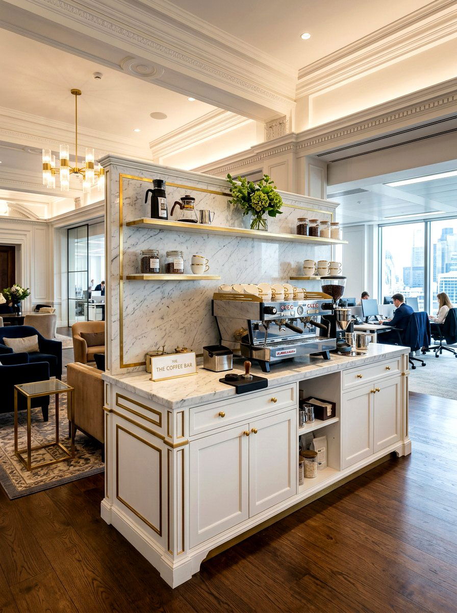 Luxury marble top coffee bar - 30 office coffee corner ideas