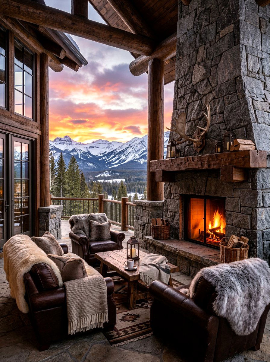 Luxury mountain lodge fireplace - 30 patio fireplace lounge ideas