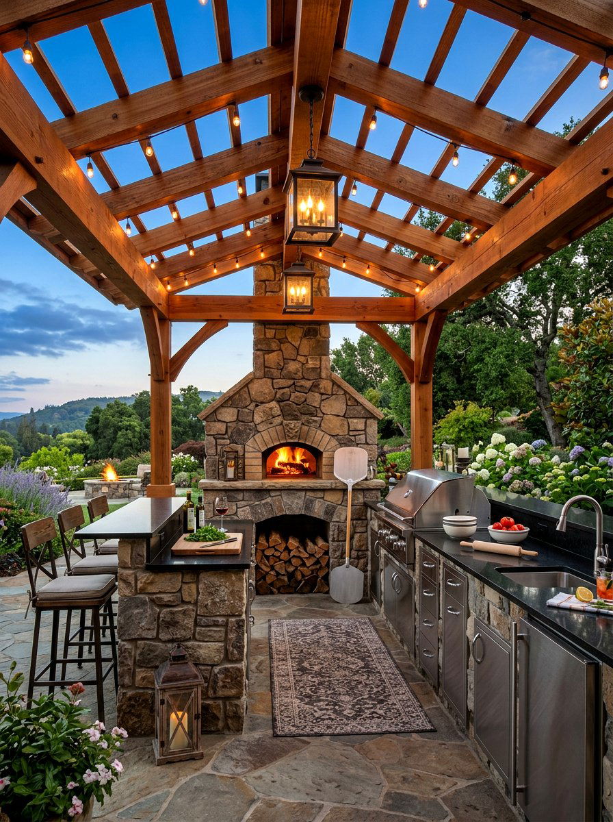 Luxury outdoor kitchen with pizza oven - 30 pergola with kitchen ideas