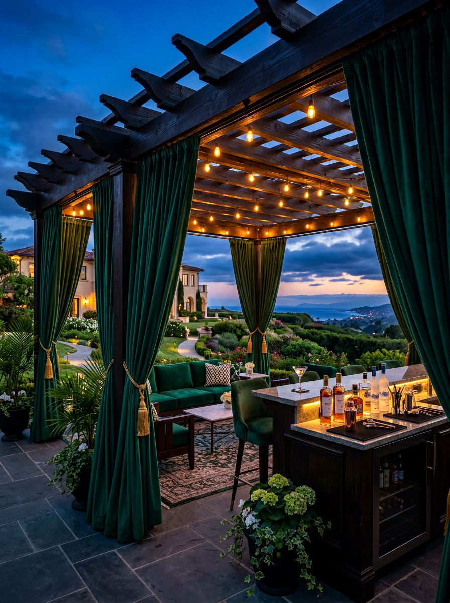 Luxury outdoor velvet pergola - 30 pergola privacy curtain ideas