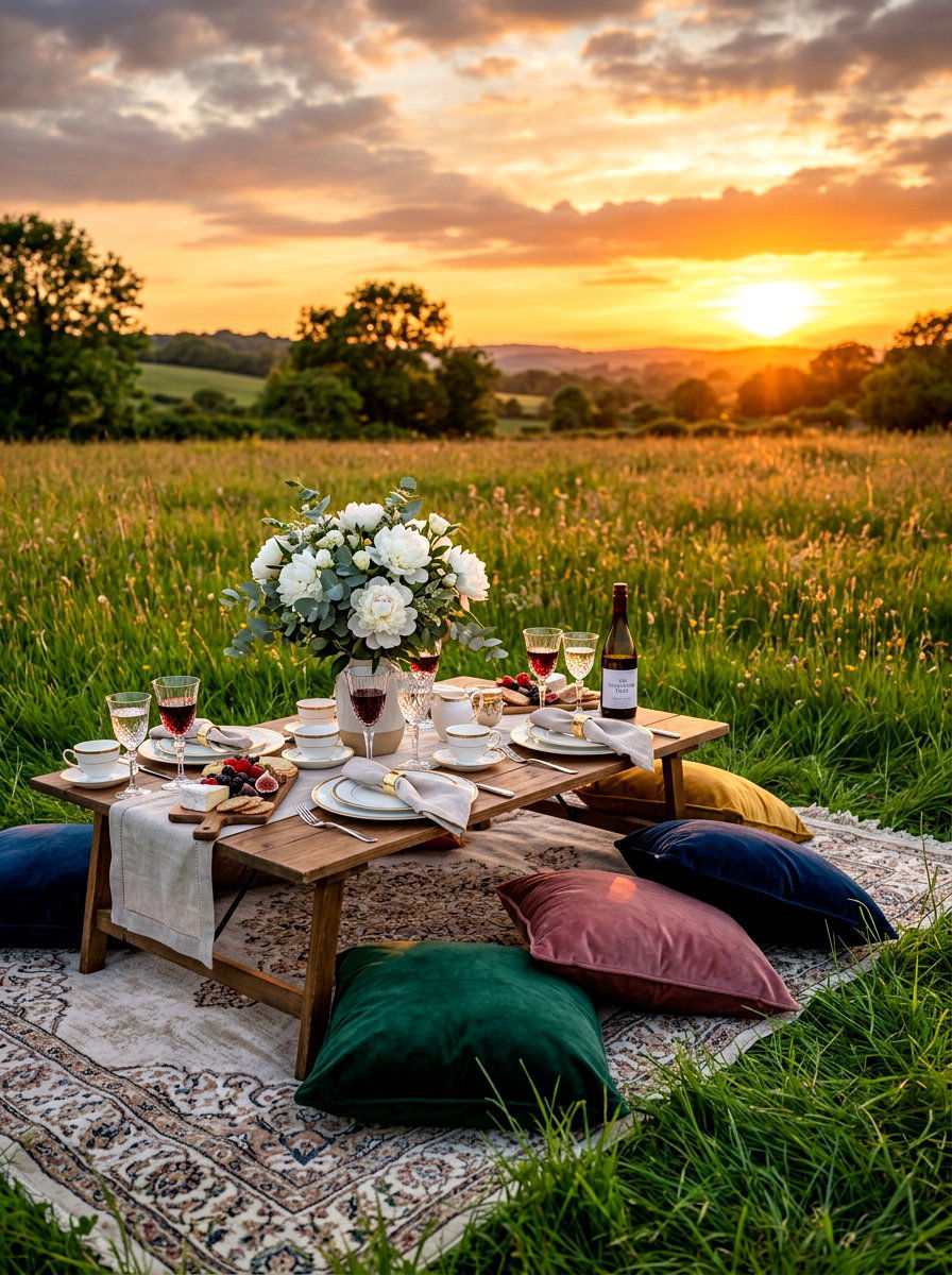 Luxury picnic sunset setup - 30 sunset dinner table ideas