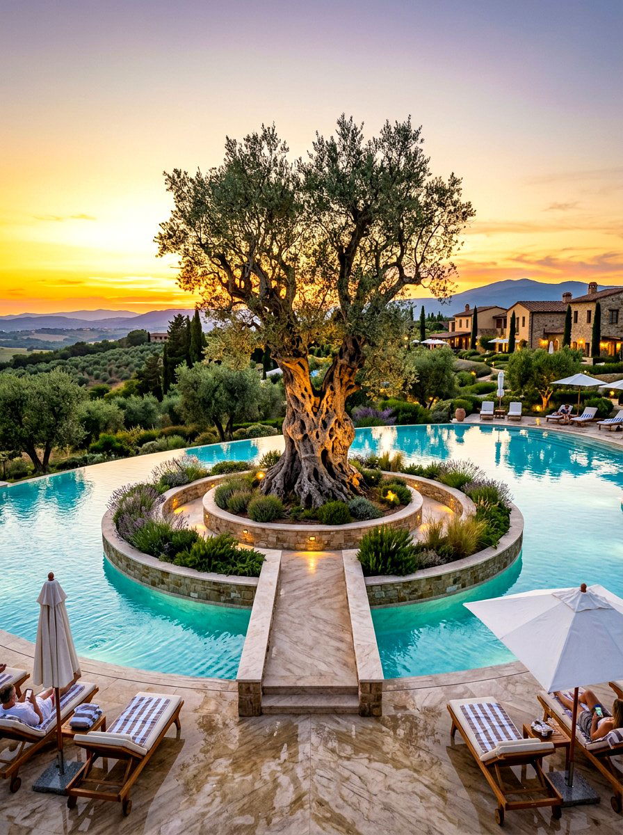 Luxury pool landscape with specimen olive trees - 30 poolside olive trees ideas