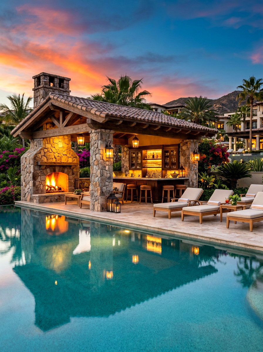 Luxury poolside pavilion fireplace - 30 pavilion fireplace ideas