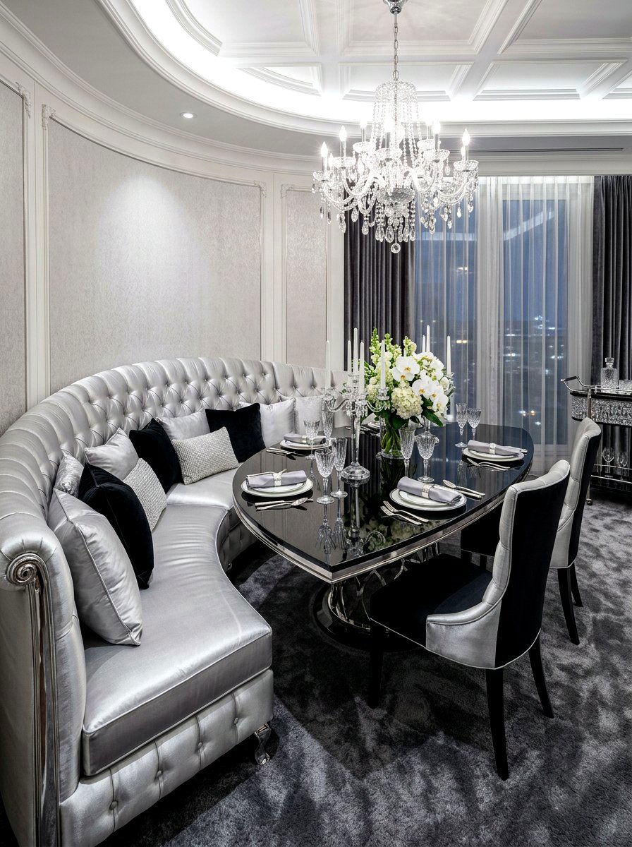 Luxury silk upholstered banquette - 30 curved banquette dining ideas
