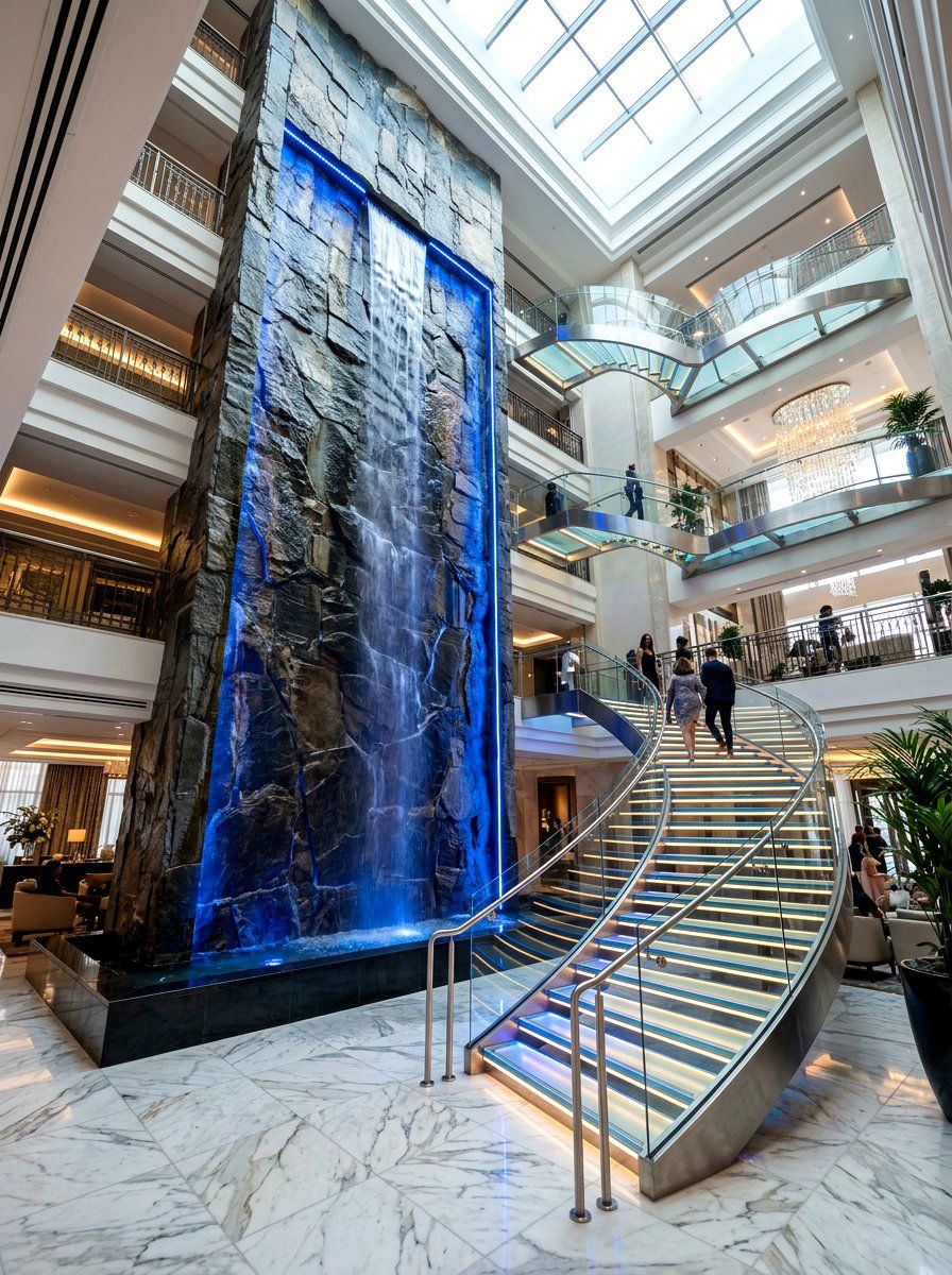 Luxury staircase indoor waterfall - 30 indoor fountain decor ideas
