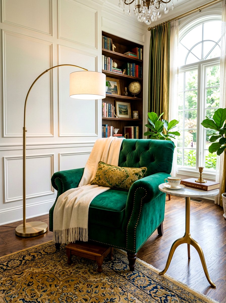 Luxury velvet reading chair - 30 basement reading nook ideas