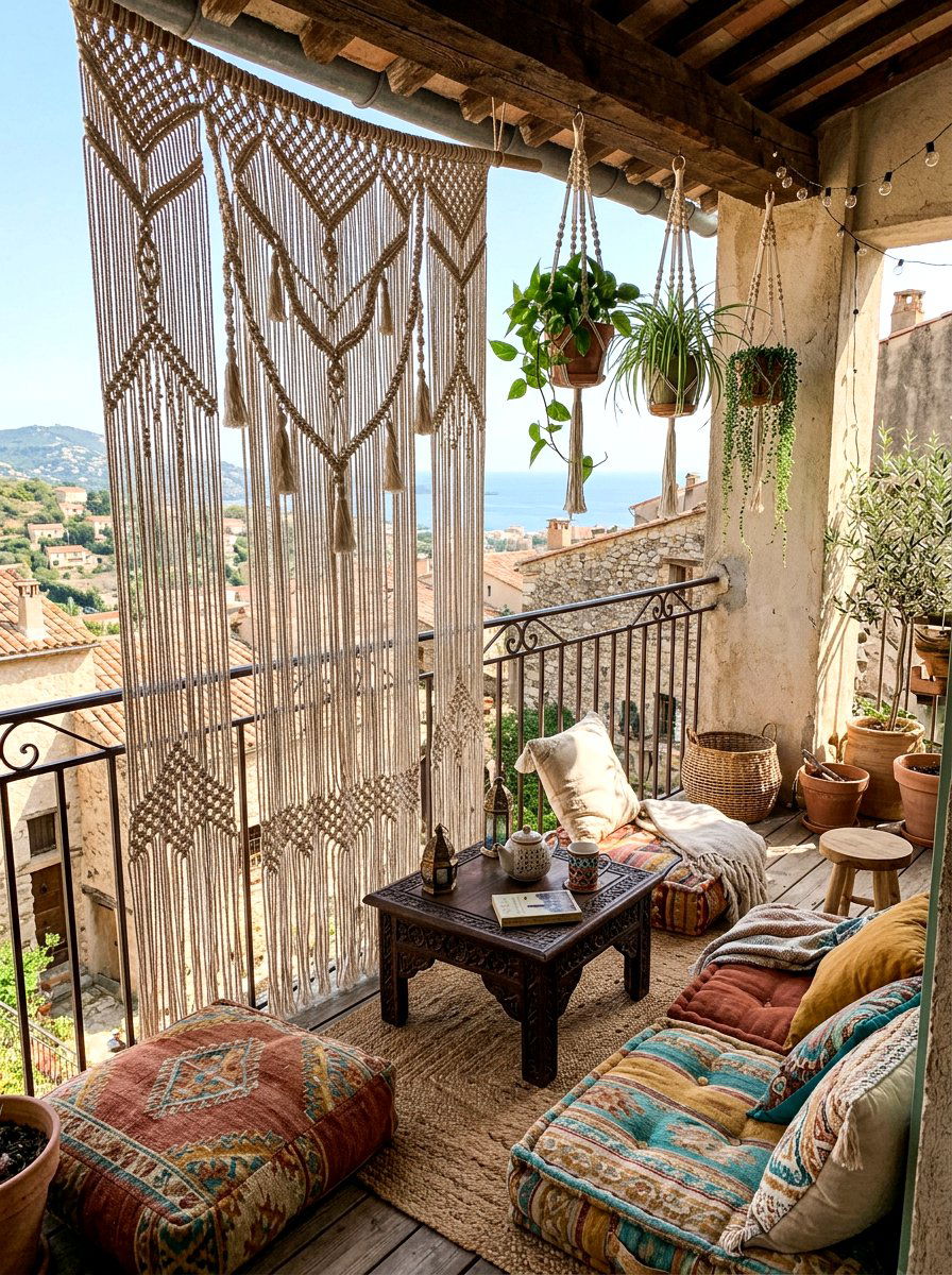 Macrame Boho Balcony Privacy Screen - 30 balcony privacy curtain ideas
