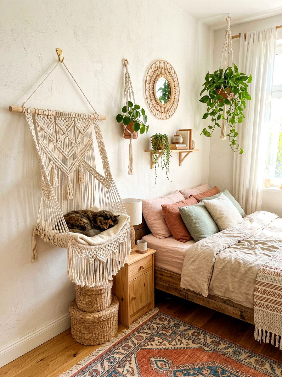 Macrame Cat Wall Hammock - 30 cat climbing wall aesthetic ideas