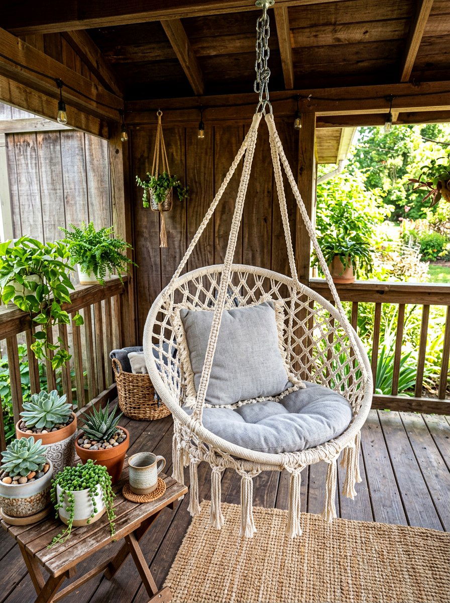 Macrame Hanging Chair - 30 farmhouse porch decor ideas