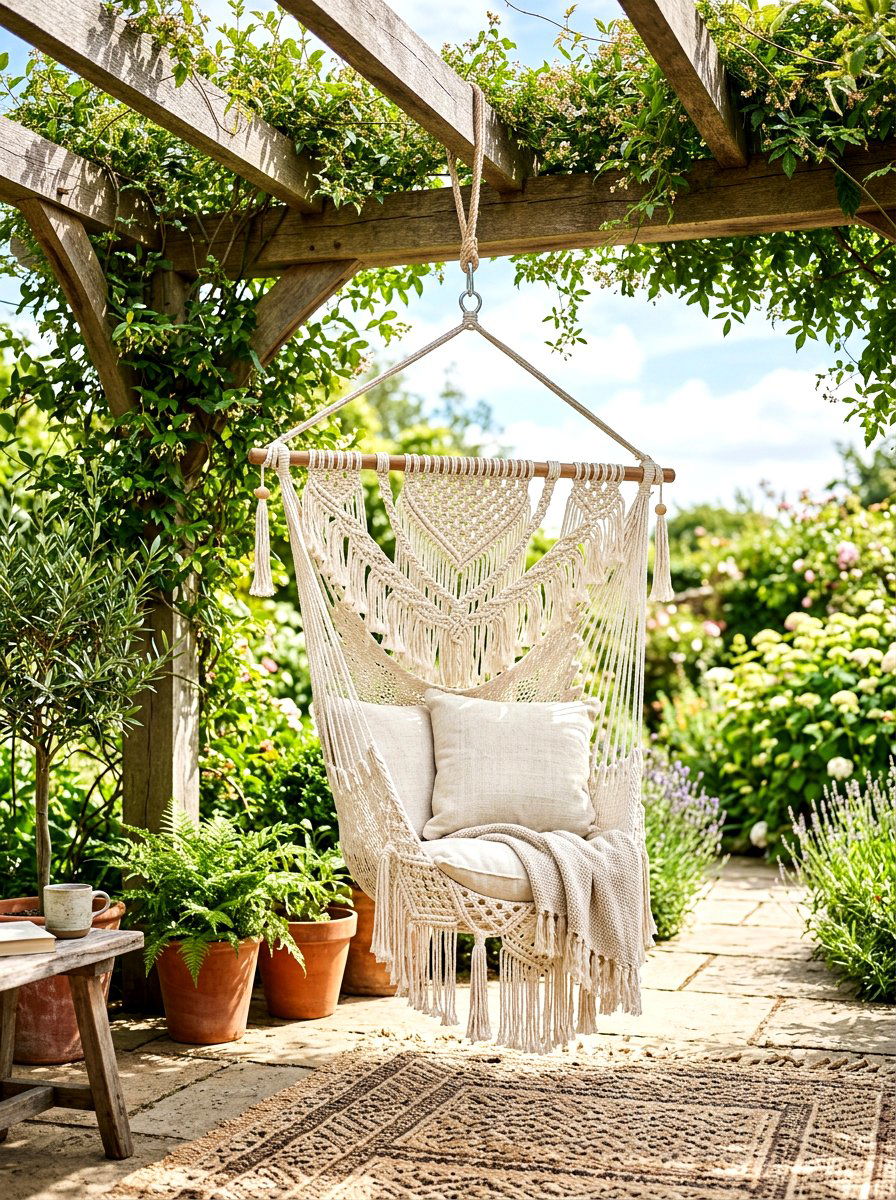 Macrame Hanging Chair - 30 bohemian patio decor ideas
