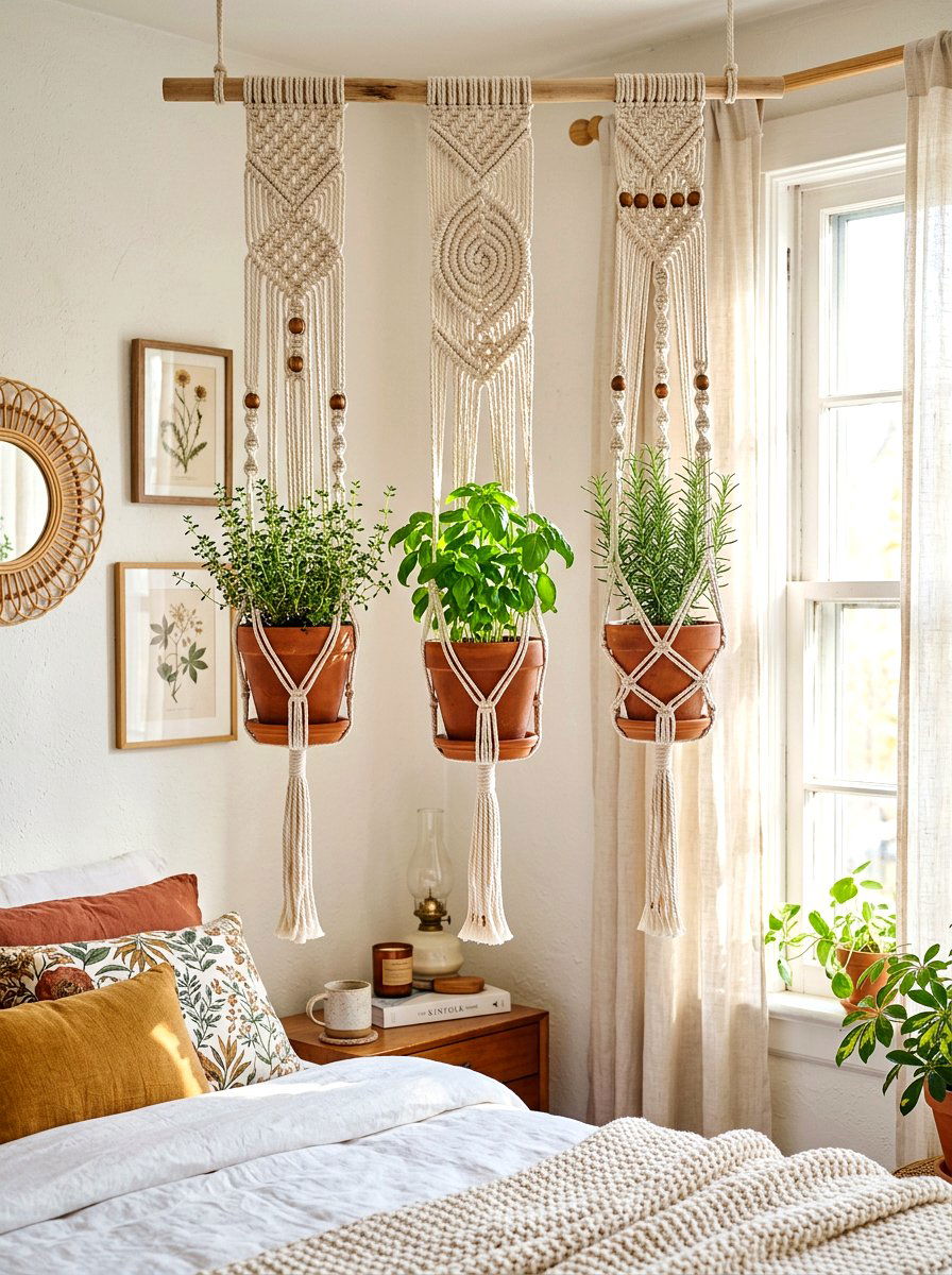Macrame Hanging Herb Garden - 30 container herb garden ideas