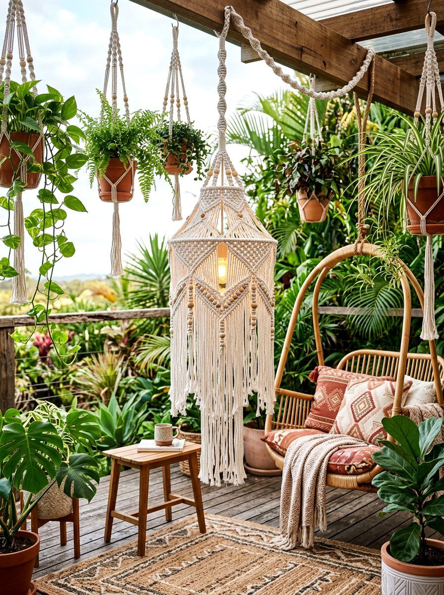 Macrame Hanging Lamp - 30 lamp lit patio ideas