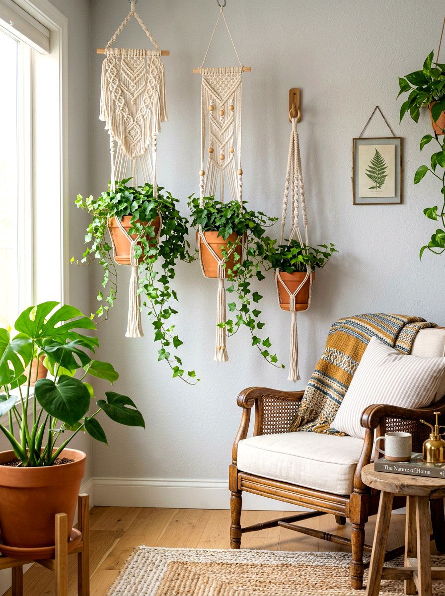 Macrame Hanging Plant Corner - 30 small planter ideas