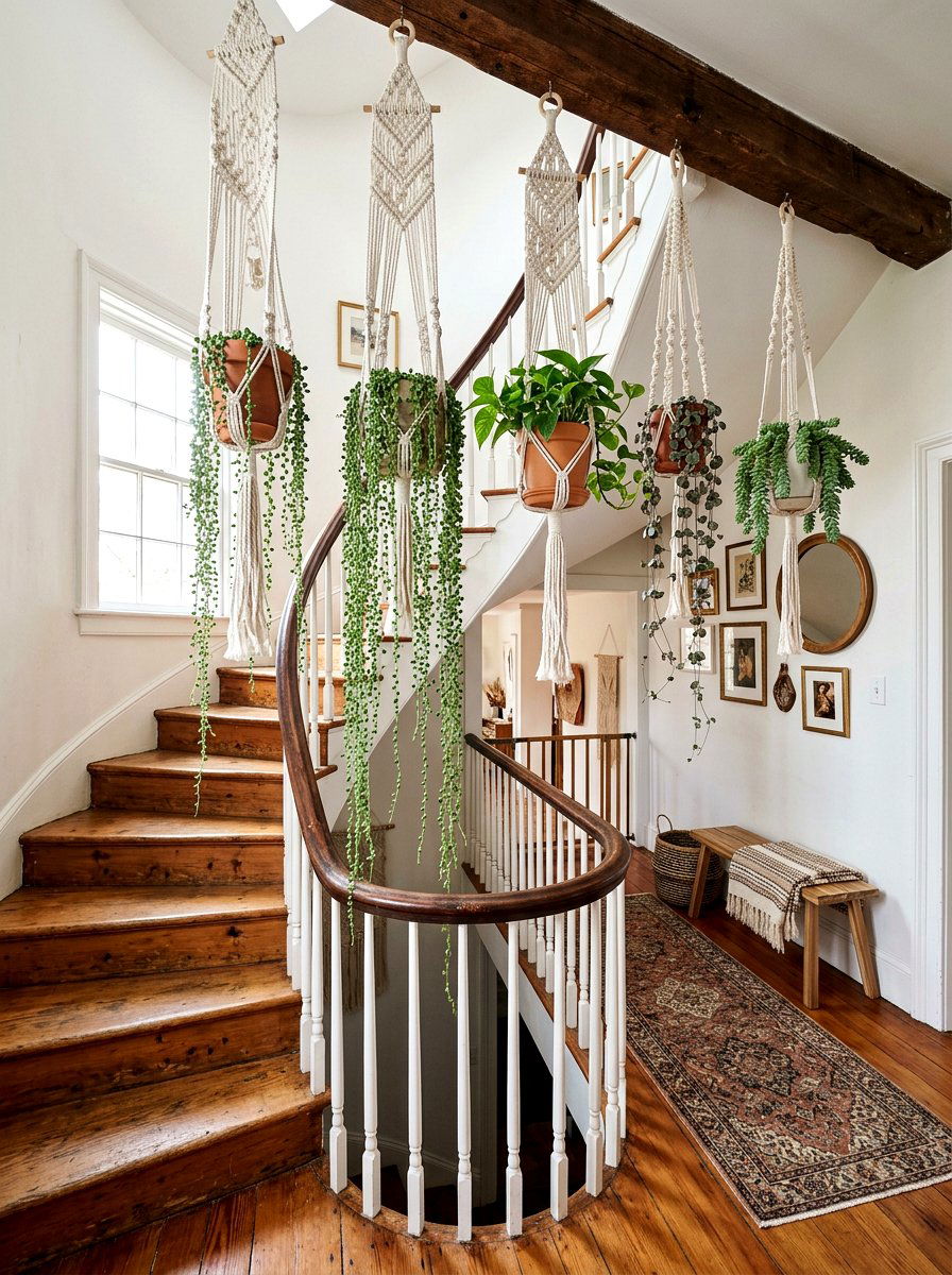 Macrame Hanging Plant - 30 staircase plant corner ideas