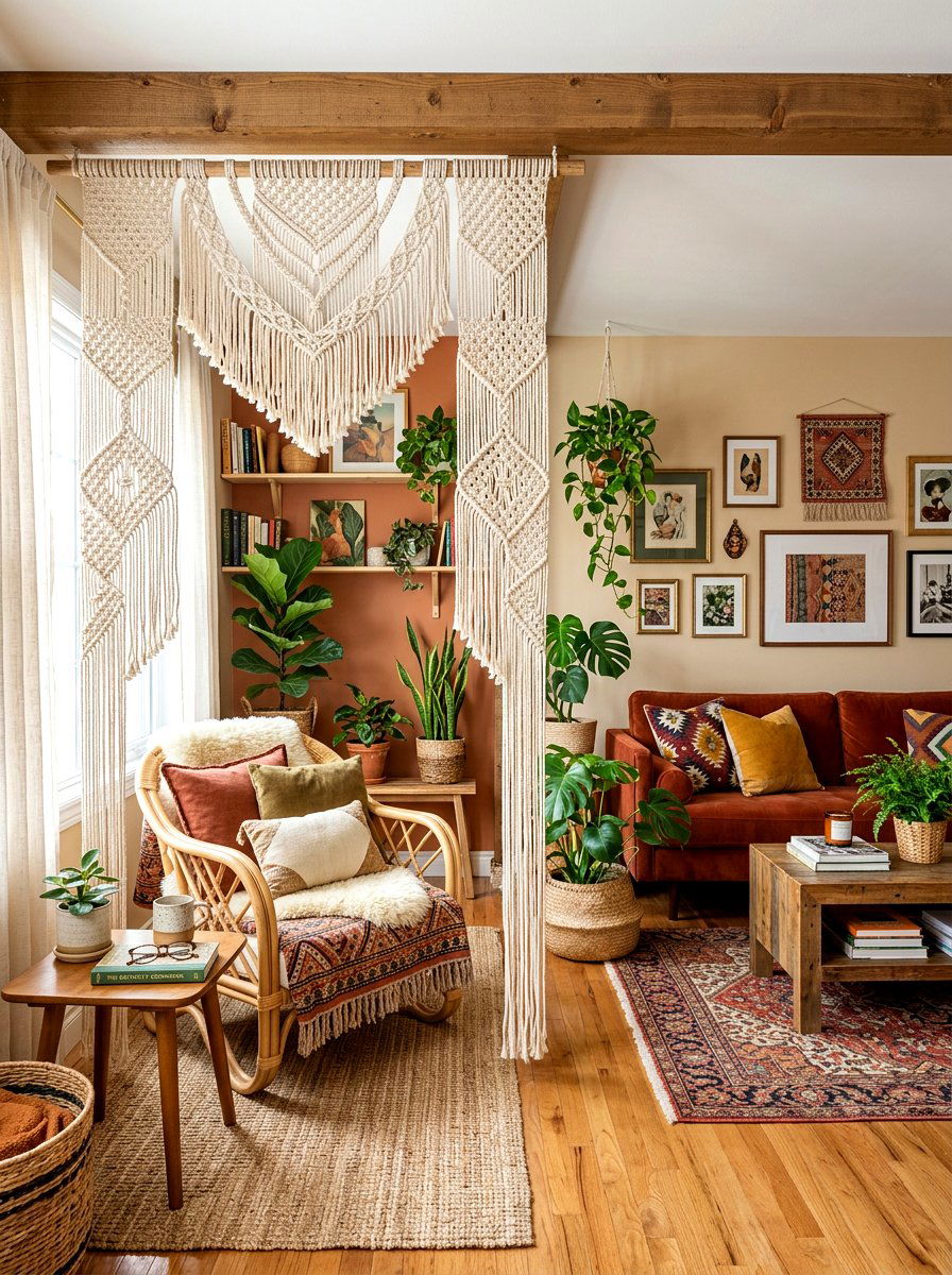 Macrame Hanging Room Divider - 30 curtain divider apartment ideas