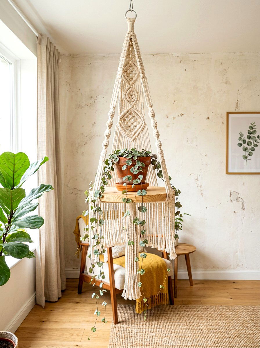 Macrame Hanging Wood Shelf - 30 bedroom plant shelf ideas