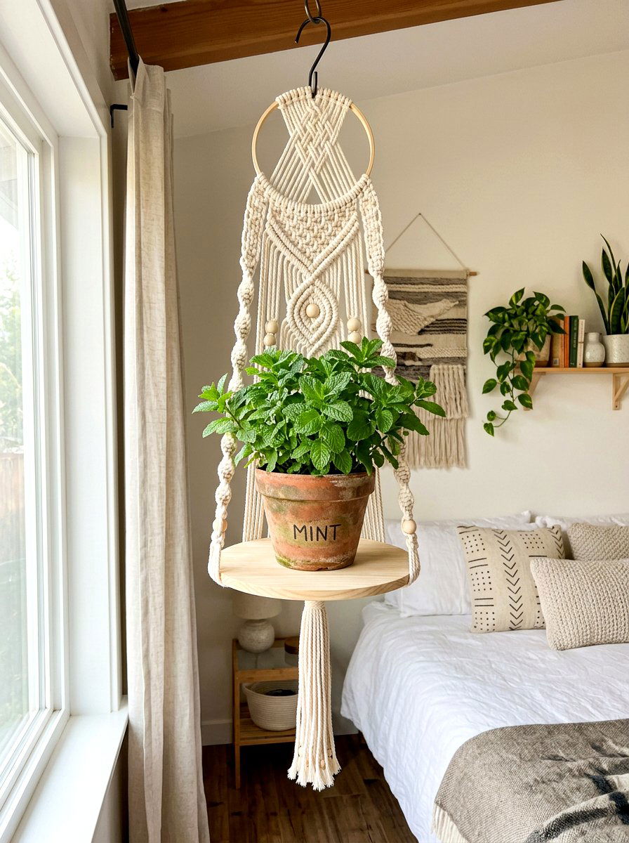 Macrame Herb Garden Hanging Shelf - 30 herb garden shelf ideas