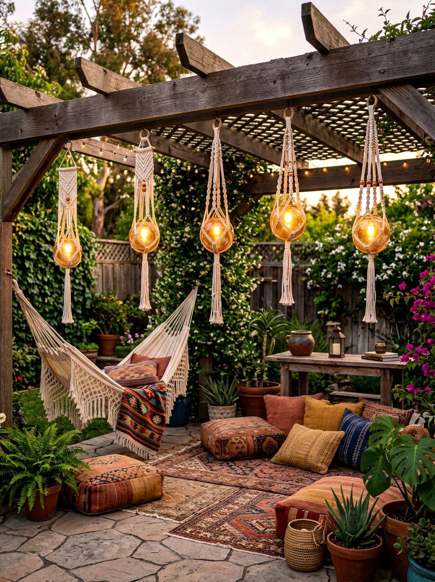 Macrame Light Hangers - 30 no harsh light patio ideas