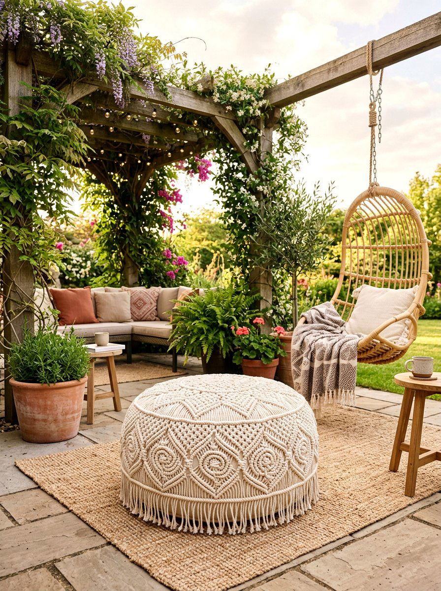 Macrame Patio Pouf - 30 outdoor pouf lounge ideas
