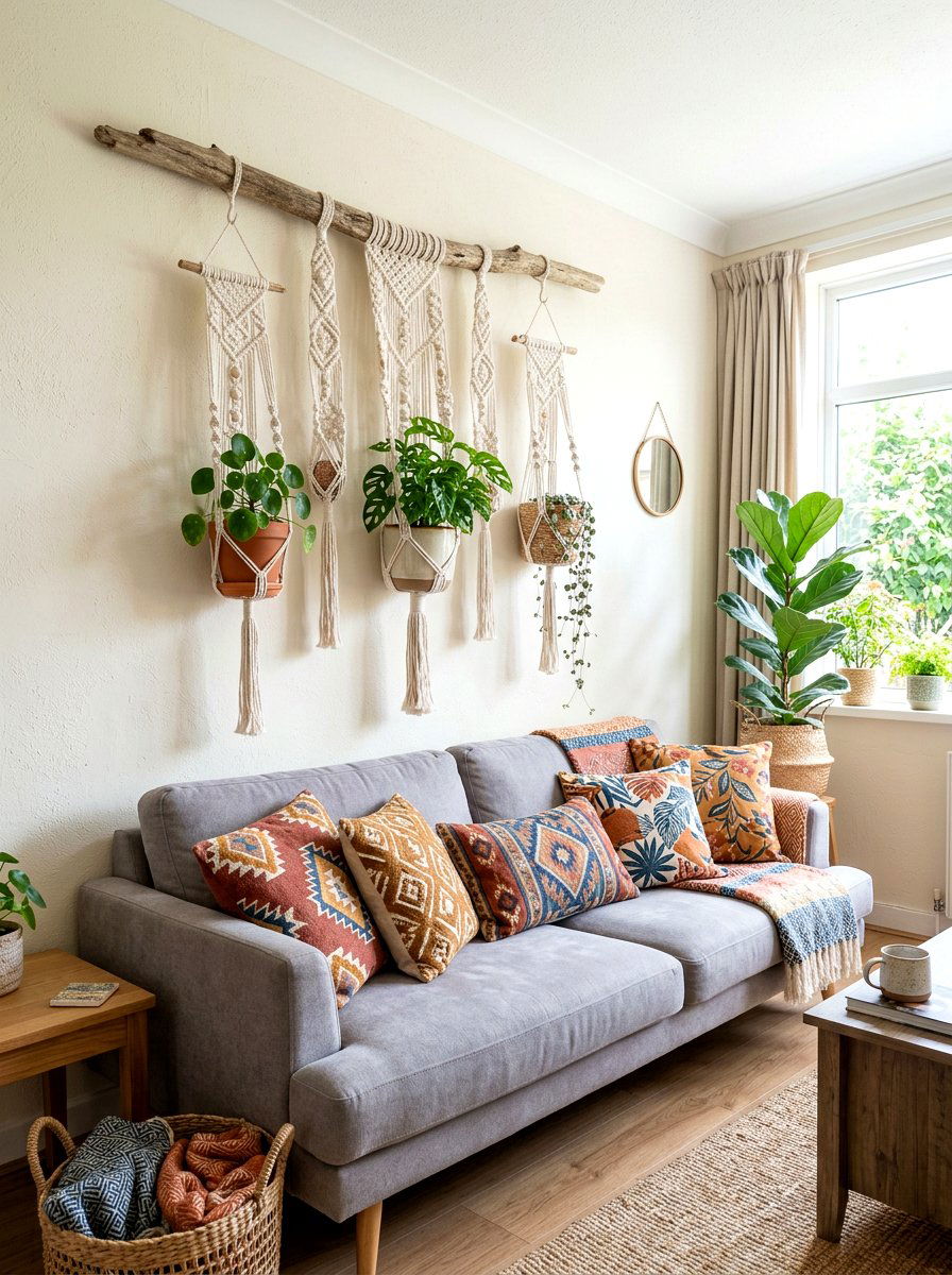Macrame Plant Hanger Wall - 30 living room plant wall ideas