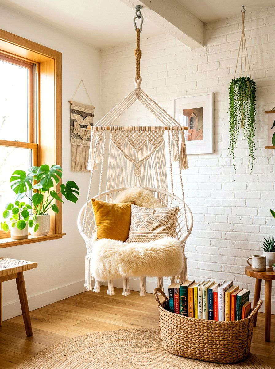 Macrame Swing Nook - 30 nursery reading nook ideas