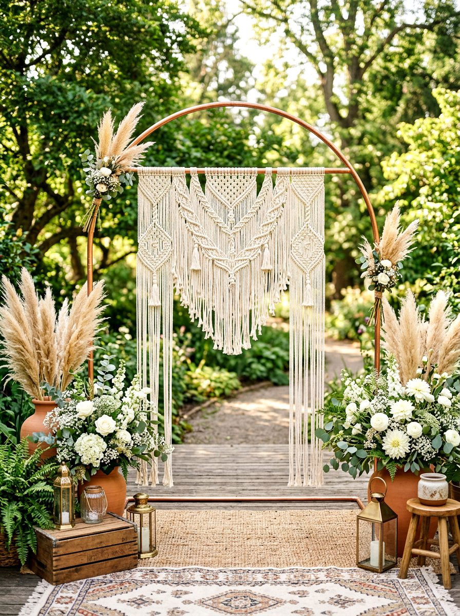 Macrame backdrop photo spot - 30 baby shower backyard decor ideas