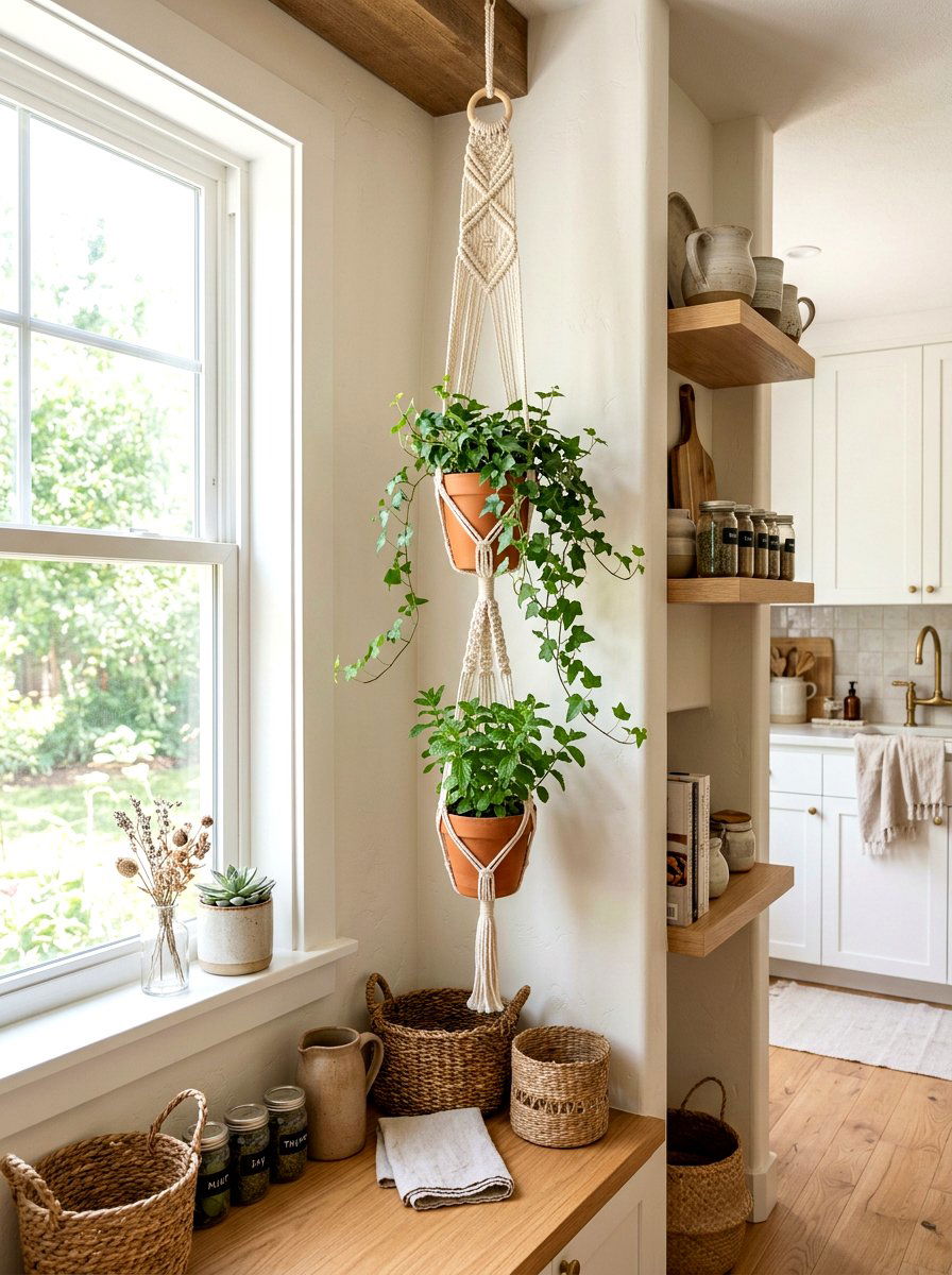 Macrame hanging herb holder - 30 kitchen herb shelf ideas