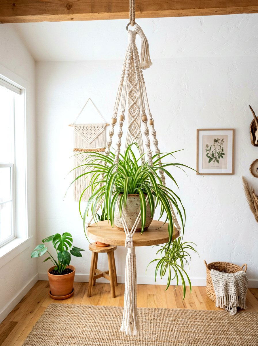Macrame hanging plant shelf - 30 bathroom plant shelf ideas