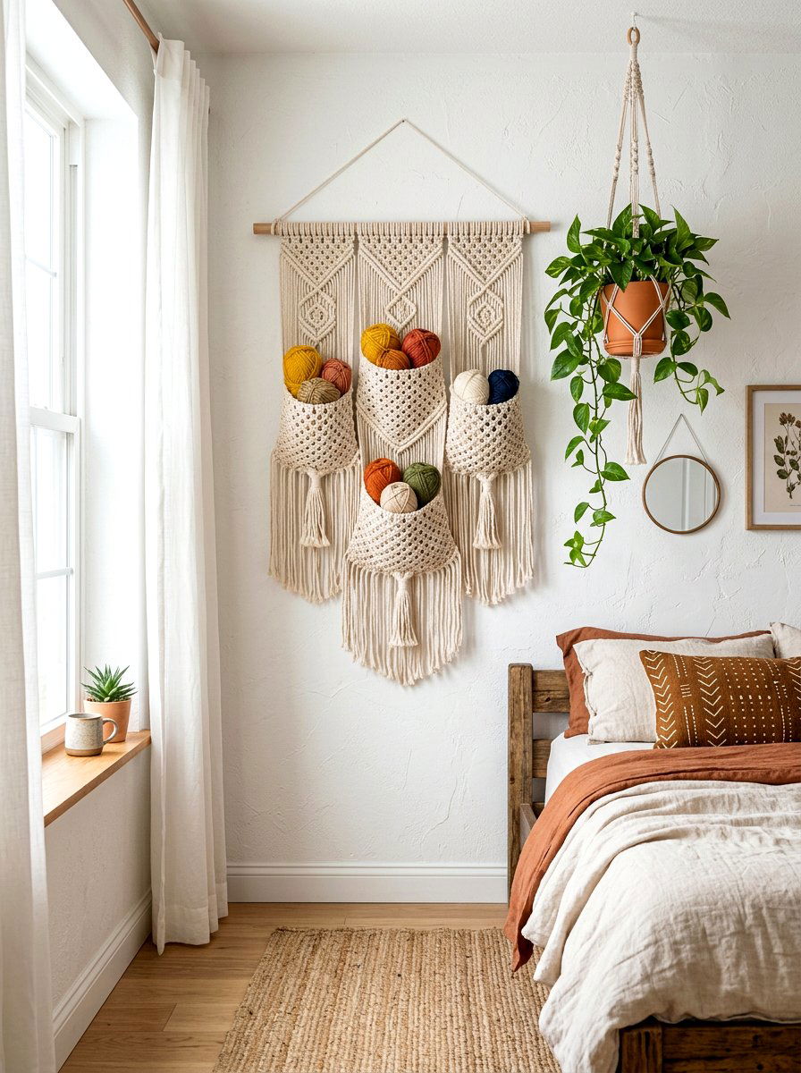 Macrame hanging pockets - 30 yarn storage ideas